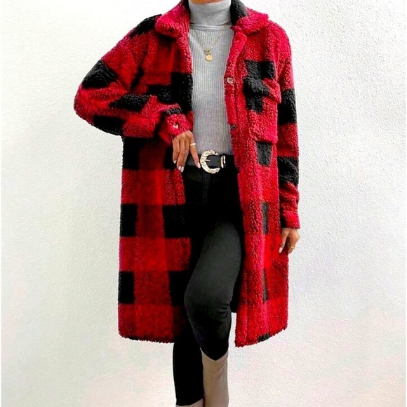 Plaid Print Drop Shoulder Teddy Coat - Picture 3 of 3